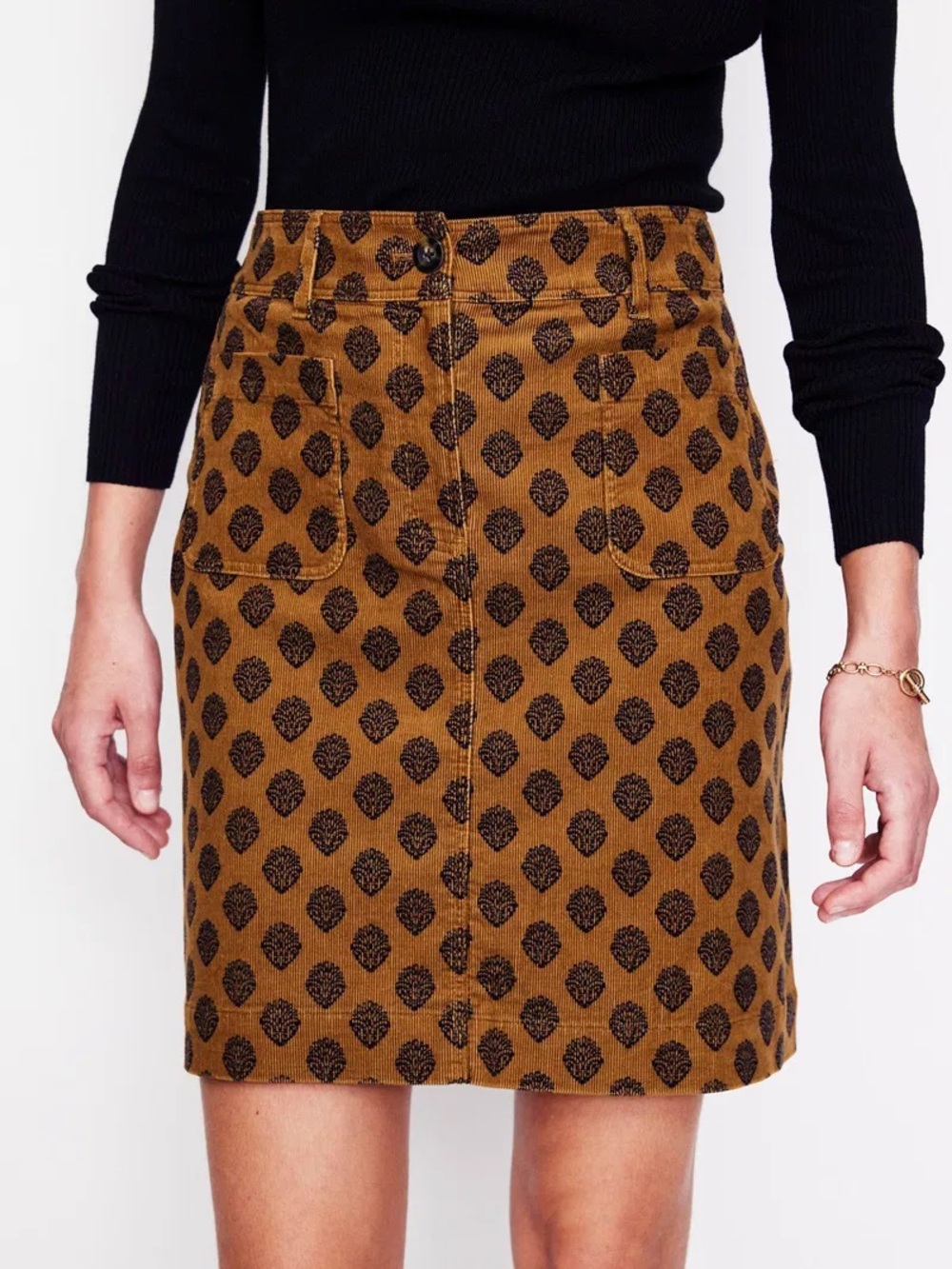 Boden Corduroy Printed A-Line Skirt – Brown / Navy – US 10 Long